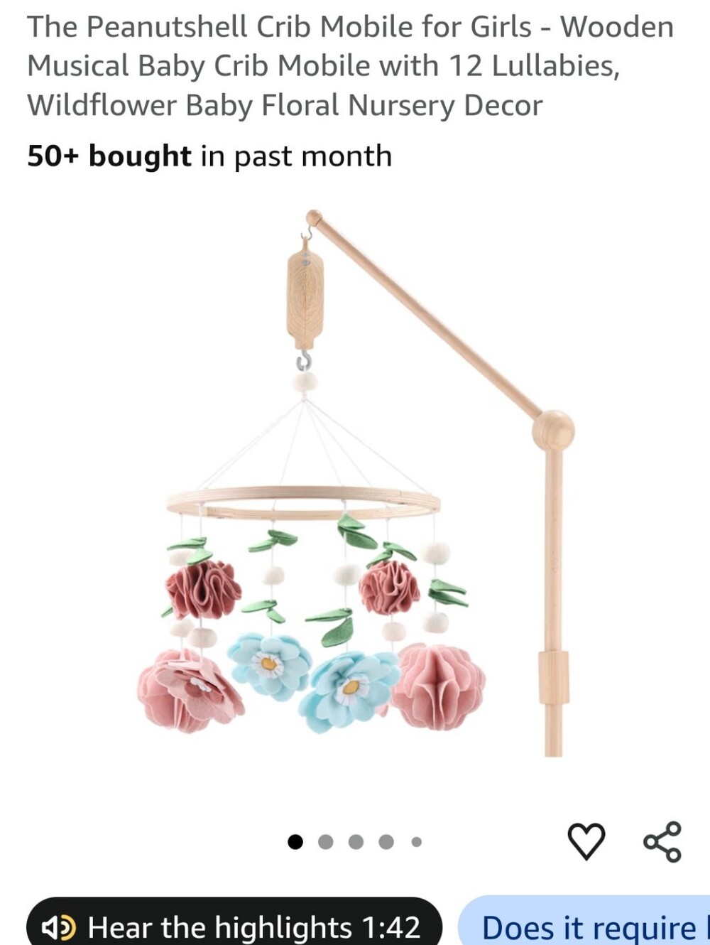 The Peanutshell Wooden Floral Baby Crib Mobile with Pink and Blue Flower Nursery